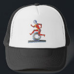 Boné Robô Vintage Science Fiction Running with Wheel<br><div class="desc">Vintage ilution science fiction business design com um robot feliz, sorridente, feito com peças de máquinas. A mulher futurista ou o homem tem um sorriso e está correndo com uma engrenagem, uma engrenagem ou uma roda na esteira transportadora. Uma cara saudável de ficção científica ou corrida legal para a saúde,...</div>