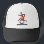 Boné Robô Vintage Science Fiction Running with Wheel<br><div class="desc">Vintage ilution science fiction business design com um robot feliz, sorridente, feito com peças de máquinas. A mulher futurista ou o homem tem um sorriso e está correndo com uma engrenagem, uma engrenagem ou uma roda na esteira transportadora. Uma cara saudável de ficção científica ou corrida legal para a saúde,...</div>