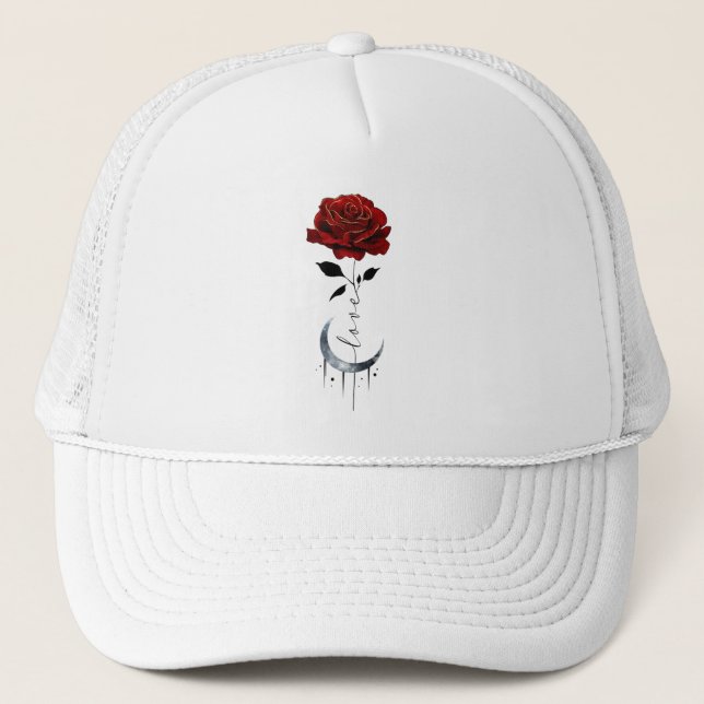 Boné Rosa vermelha de estilo de tatuagem e lua crescent (Frente)
