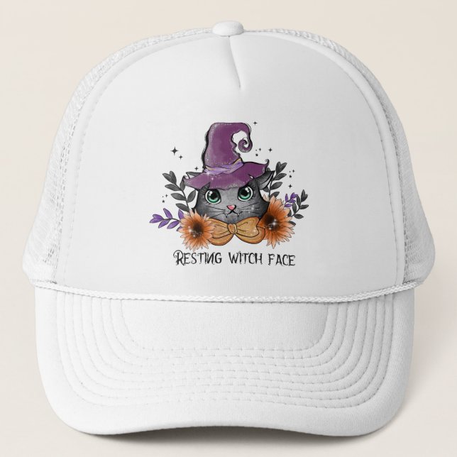 Boné Rosto de Bruxa Descansada - Gato com Chapéu de Bru (Frente)