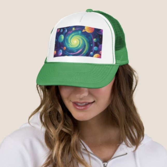 Boné Rotação Planetária  (Galaxy Space Trucker Hat   Adjust from 17" to 24" 100% polyester foam front 100% nylon mesh back. )