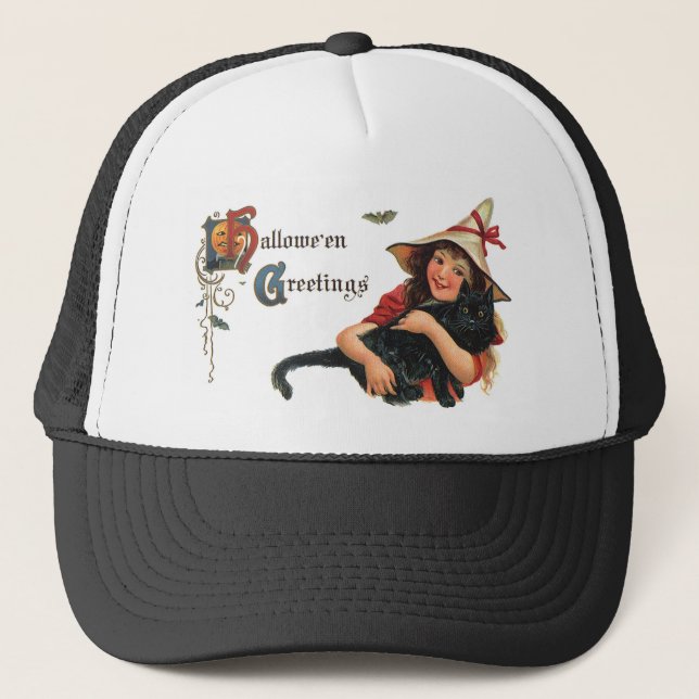 Boné Saudações de Halloween Vintage Bruxa com Gato (Frente)