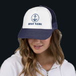 Boné Seu nome de barco Marinho Anchor do Mar Branco<br><div class="desc">Seu nome de barco Marinho Mar Branco Anchor Hat</div>