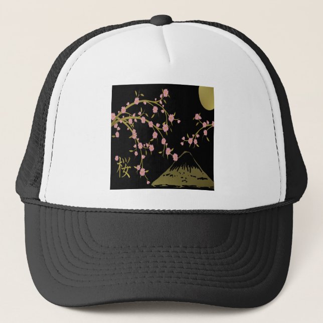 Boné Tela Japonesa Rosa Sakura Dourado Preto (Frente)