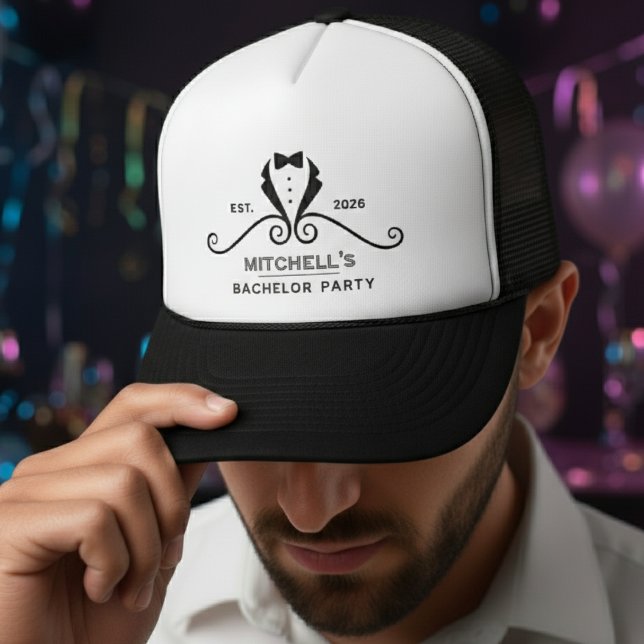 Boné Terno de Smoking Gravata Borboleta do Noivo Festa  (Bachelor Party Tuxedo Suit Bowtie Groom Wedding Trucker Hat
)