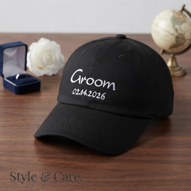 Boné Texto Personalizado do Noivo com Data (Custom Text Groom With Date Embroidered Baseball Cap)