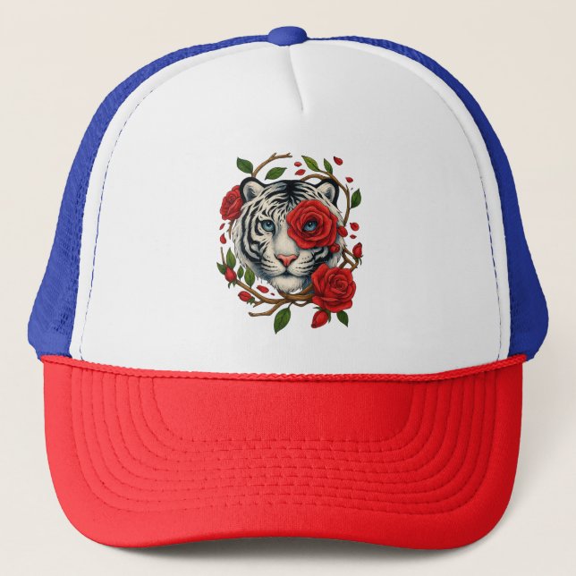 Boné Tigre branco com Rosas vermelhas - Floral de vida  (Frente)