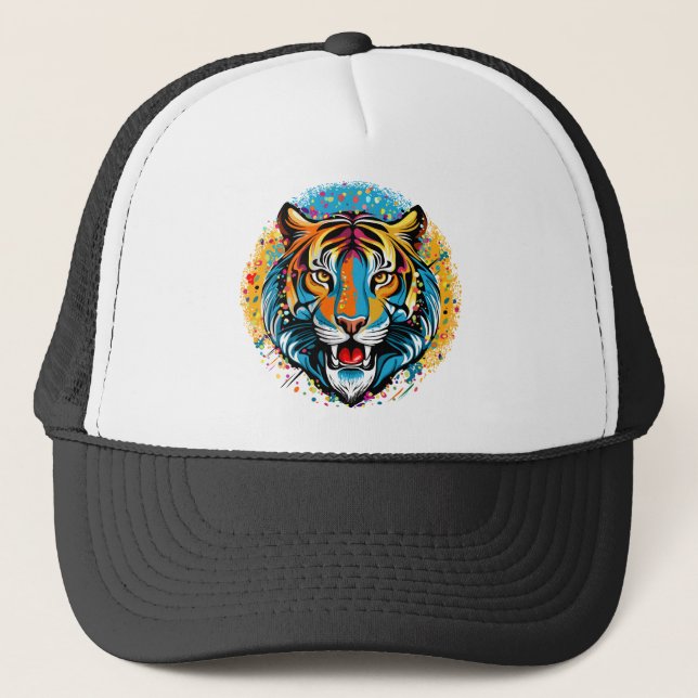 Boné Tinta de cores Arco-íris Cabeça de Tigre (Frente)