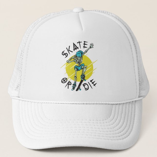 Boné Touca de Caminhoneiro Esqueleto de Skate ou Morra (Frente)