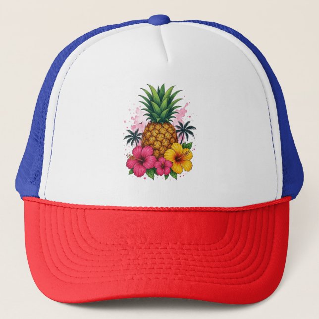 Boné Tropical Pineapple Floral Trucker Hat  Red White (Frente)