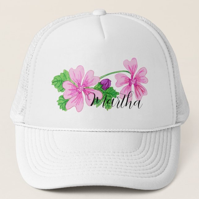 Boné Trucker com flor de aquarela rosa (Frente)