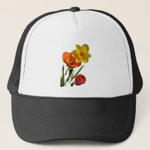 Boné Tulipas vermelhas e flores de narciso amarelo