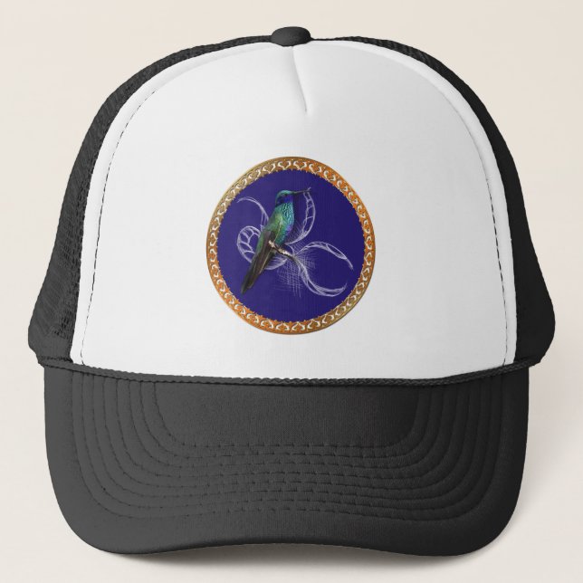 Boné Turquesa verde e azul com beija-flor roxa (Frente)