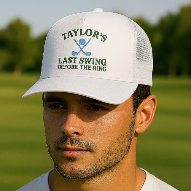 Boné Último Balanço Antes do Anel de Golfe Solteirão (Last Swing Before The Ring Golf Bachelor Trucker Hat
by Ricaso.  Fun for groom to be and his crew)
