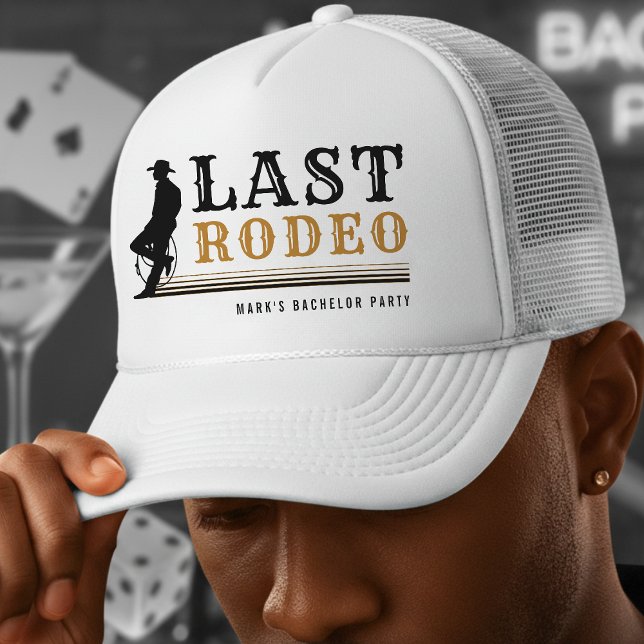 Boné Último Cowboy do Rodeio Festa de Despedida de Solt (Last Rodeo Cowboy Bachelor Party Brown & Black Trucker Hat
)