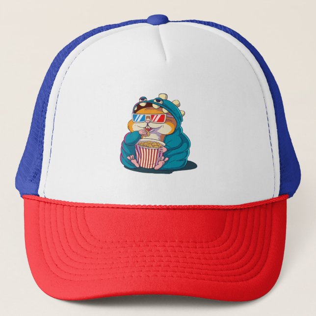 Boné Um hamster engraçado usando óculos come pipoca (Frente)