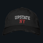 Boné UPSTATE NY White e Red on Black Vintage Style<br><div class="desc">UPSTATE NY White e Red bordados no estilo de vintagem preta chapéu de algodão em relevo. O bordado é personalizável para outras opções de cor selecionando o botão da ferramenta "Editar Design". Também está disponível a opção de selecionar essa cor na página do item principal.</div>