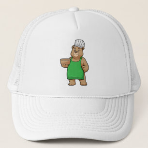 Boné Urso como Cozinheiro com placa de Cozinhar e tigel