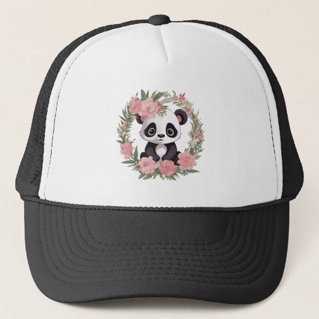Boné Urso de Panda Adorável com Flores (Frente)