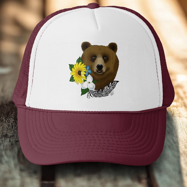 Boné Urso Pardo Flores Azuis Pena Vida Selvagem (Criador carregado)