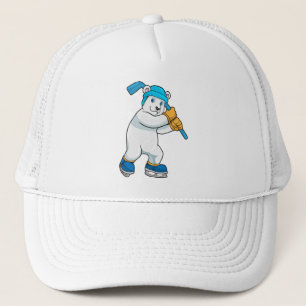 Boné Urso polar no hóquei no gelo com taco de hóquei no