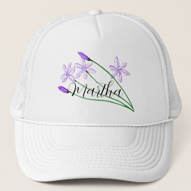 Boné Violet Watercolor flower com nome Trucker Hat (Frente)
