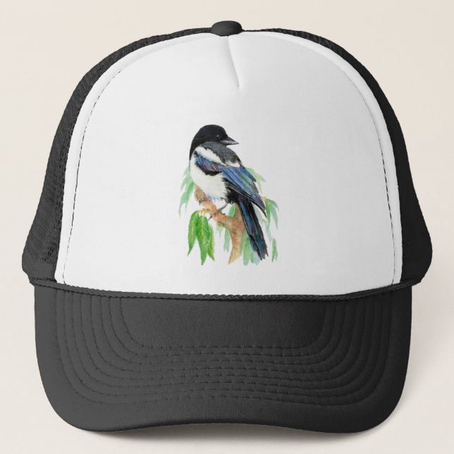 Boné Watercolor Magpie Garden Bird Willife Art (Frente)