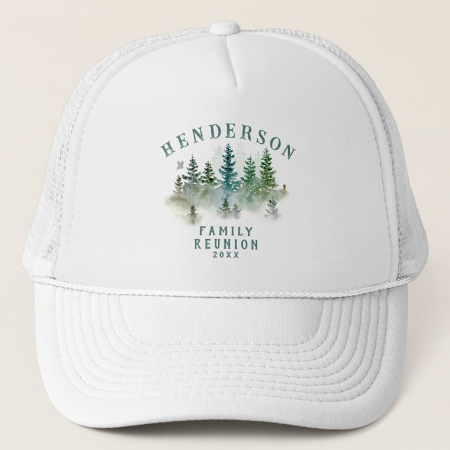 Boné Watercolor PineTrees Family Reunion Button (Frente)