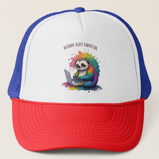Boné Watercolor Rainbow Cute Sloth Computing (Frente)