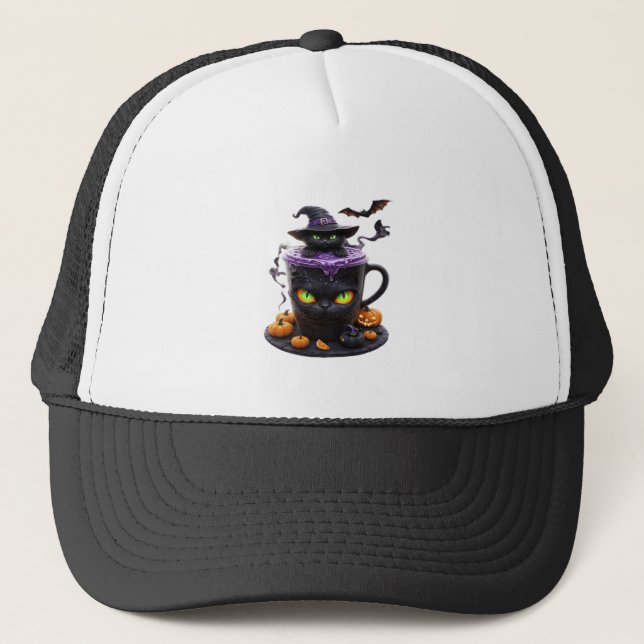 Boné Witch Cat Halloween Latte  Café Creepy Cute com (Frente)