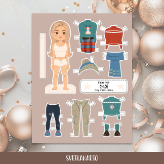 Boneca de Papel de Natal Menina Loira Roupas de In