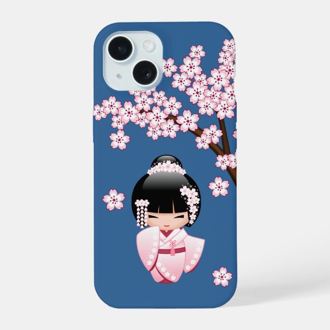 Boneca Kawaii Kokeshi de Quimono Rosa no Azul (Verso)