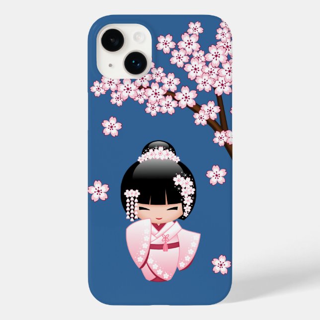 Boneca Kawaii Kokeshi de Quimono Rosa no Azul (Verso)