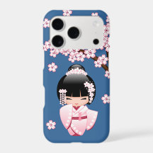 Boneca Kawaii Kokeshi em Quimono Rosa em Azul