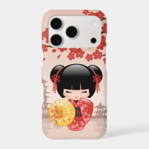 Boneca Kokeshi Sakura Vermelha Geisha Menina Bege