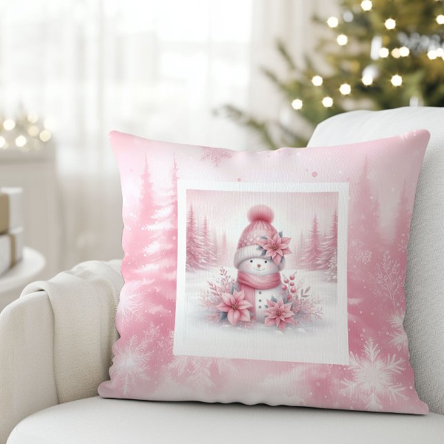 Boneco de Neve de Almofada Rosa Caprichosa Florest (Whimsical Pink Pillow Snowman Pinkmas Forest)