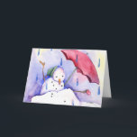 Boneco de neve de derretimento com cartão do<br><div class="desc">Boneco de neve que derrete na chuva,  com guarda-chuva. Feito na aguarela.</div>