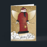 Boneco de neve primitivo do anjo com o cartão de<br><div class="desc">Um boneco de neve primitivo adorável do anjo toda decked para fora em um casaco vermelho da xadrez é caracterizado neste cartão festivo. O cartão caracteriza o primitivo, trabalhos de arte do país com "feriado morno deseja que" no cobrir e há o texto para dentro, que pode facilmente ser personalizado...</div>