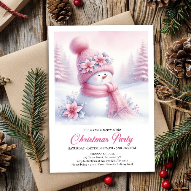 Boneco de Neve Rosa Alegre Convite de Natal Editáv (Merry Pink Snowman Editable Christmas Invite Download File)