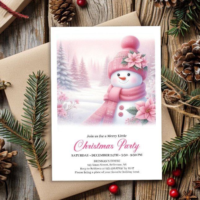 Boneco de Neve Rosa Suave Convite de Natal Editáve (Gentle Pink Snowman Editable Christmas Invite Digital File)