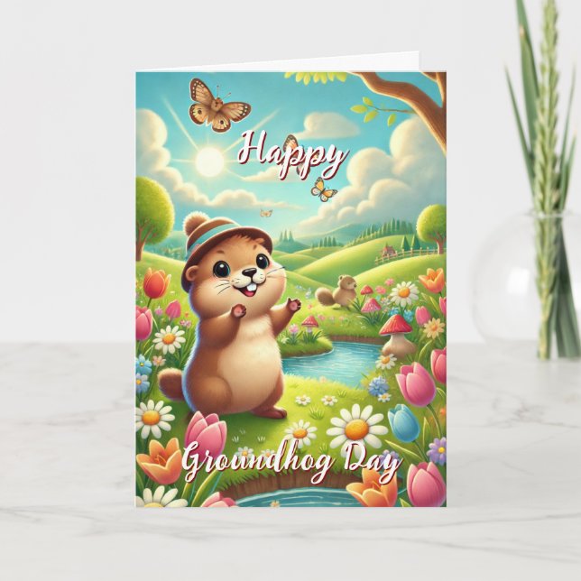 Bonita com o Feliz Dia de Marmota e Cartão de Hist (Frente)