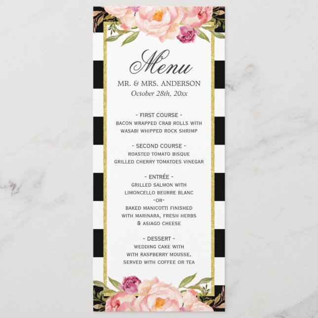 Bonita Floral Stripes Moderna Menu de Casamento (Frente)
