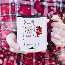 Bonita Llama com presentes vermelhos na caneca de