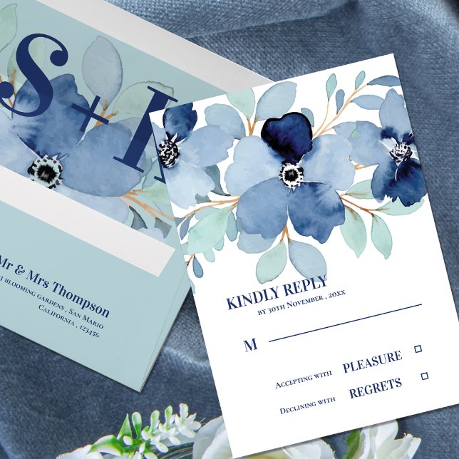 Bonito Aquarela Azul Estale Casamento Floral RSVP (Pretty Watercolor Stale Blue Floral Wedding RSVP)