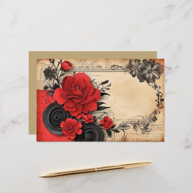 Bonito Art Deco Gótico Vermelho Flor Papel Escrapa (Frente/Verso In Situ)