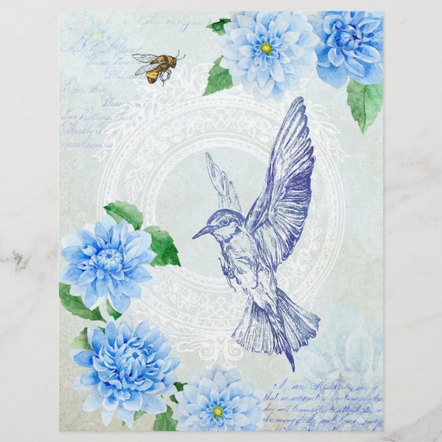 Bonito Blue Dahlia & Hummingbird Scrapbook Paper (Frente)