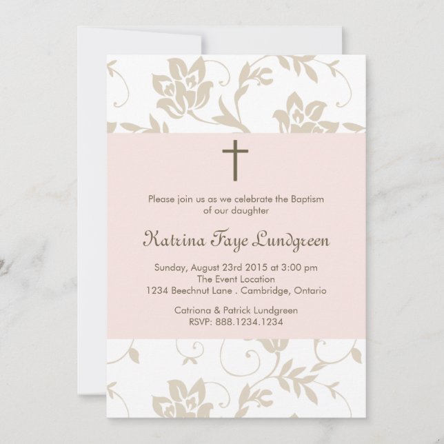Bonito Blush Floral Patterm Convite Baptism (Frente)