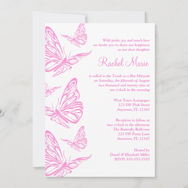 Bonito Borboleta Rosa Bat Mitzvah Convites (Frente)