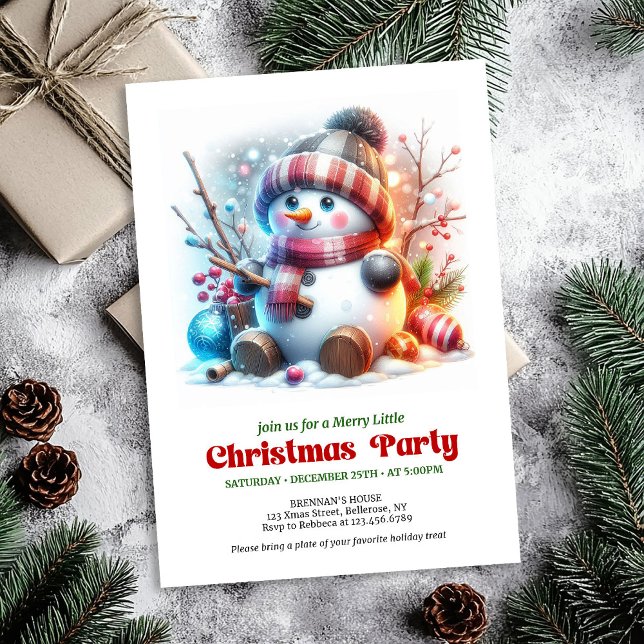 Bonito convite de férias de homem de neve engraçad (Elegant funny snowman holiday invite red green gold digital

)