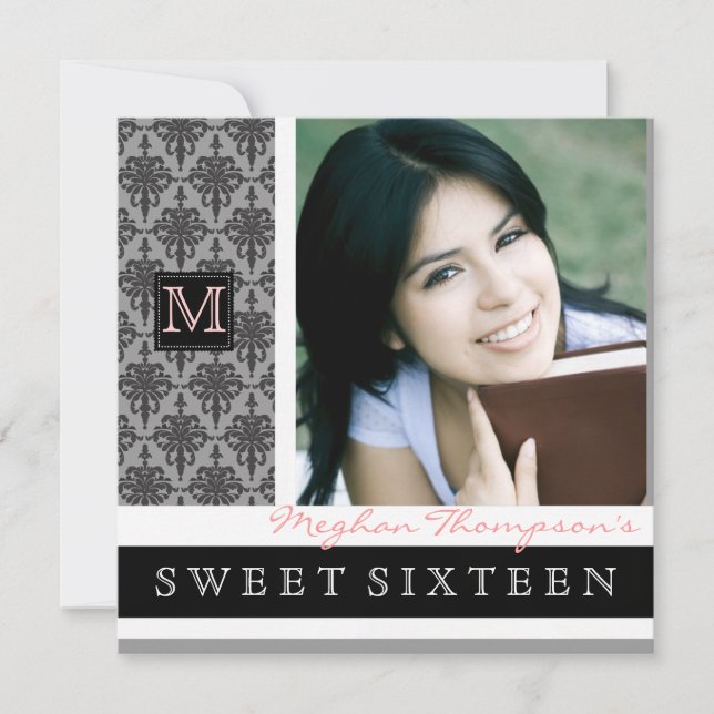 Bonito Convite de festas Damask Monograma Sweet 16 (Frente)